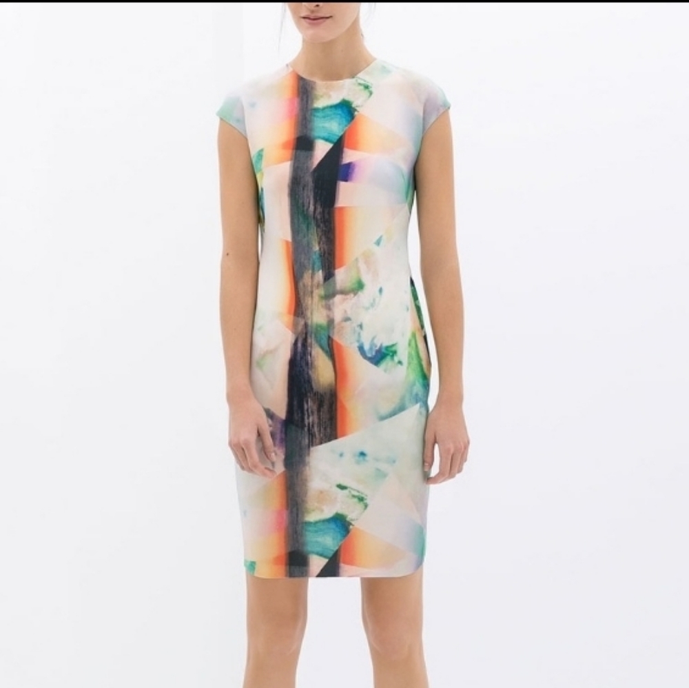 NWT Zara Watercolor Neoprene Mheath Scuba Bodycon Dress sz S